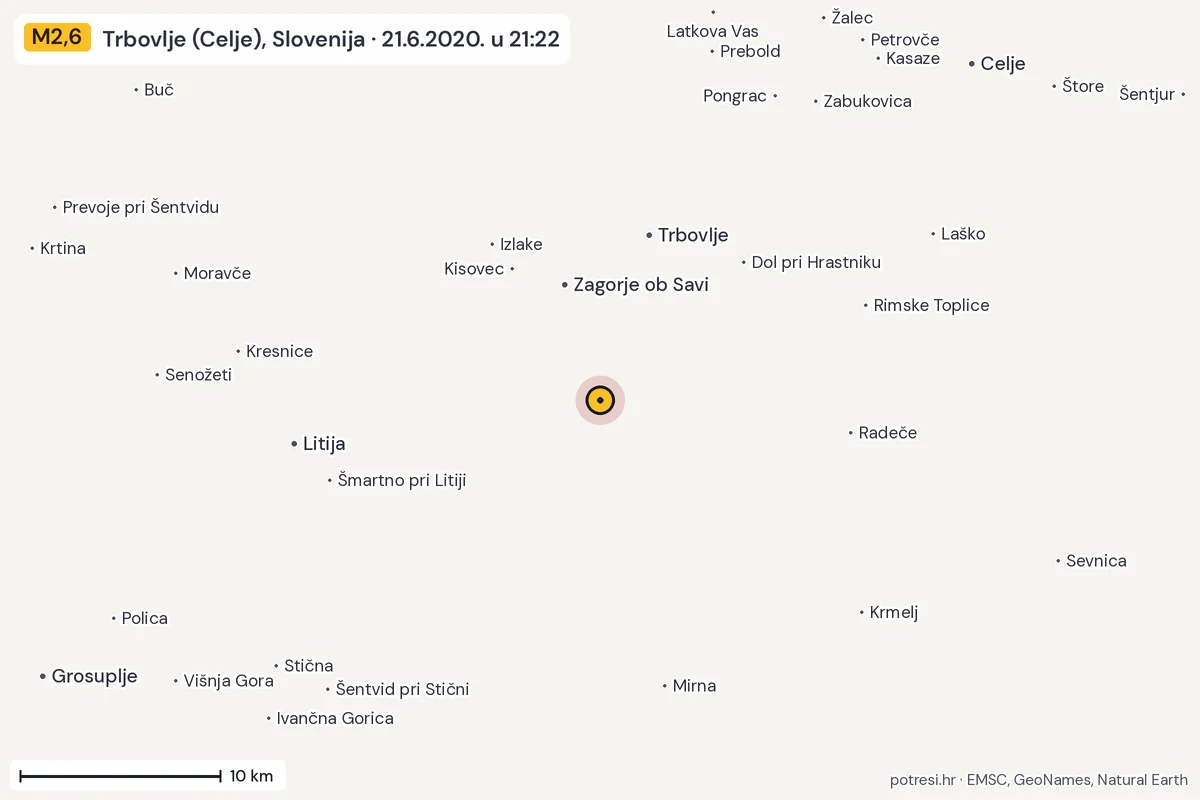Karta: okolica epicentra, 60 km, potres M2,6, Trbovlje (Celje), Slovenija, 21.6.2020.