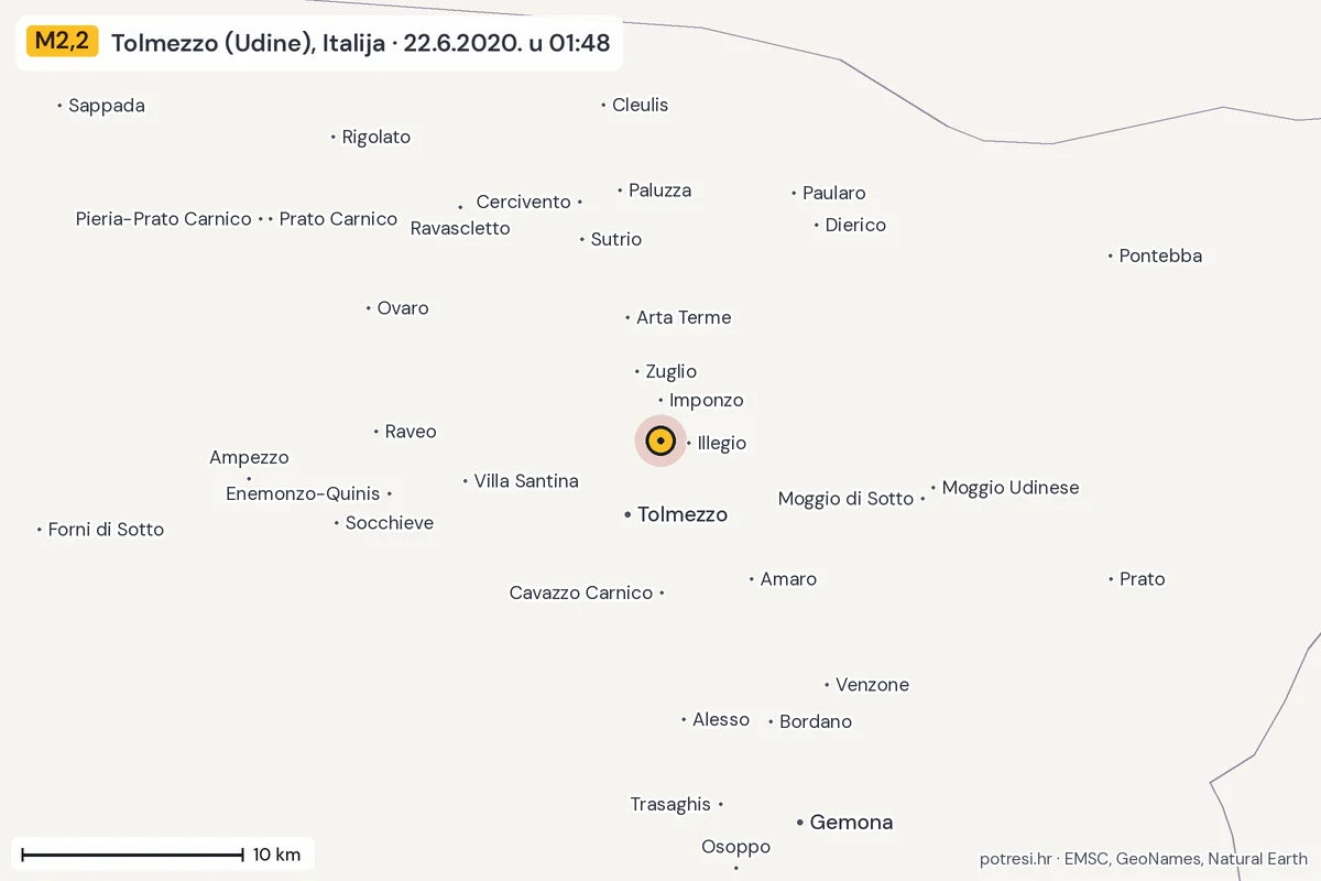 Karta: okolica epicentra, 60 km, potres M2,2, Tolmezzo (Udine), Italija, 22.6.2020.