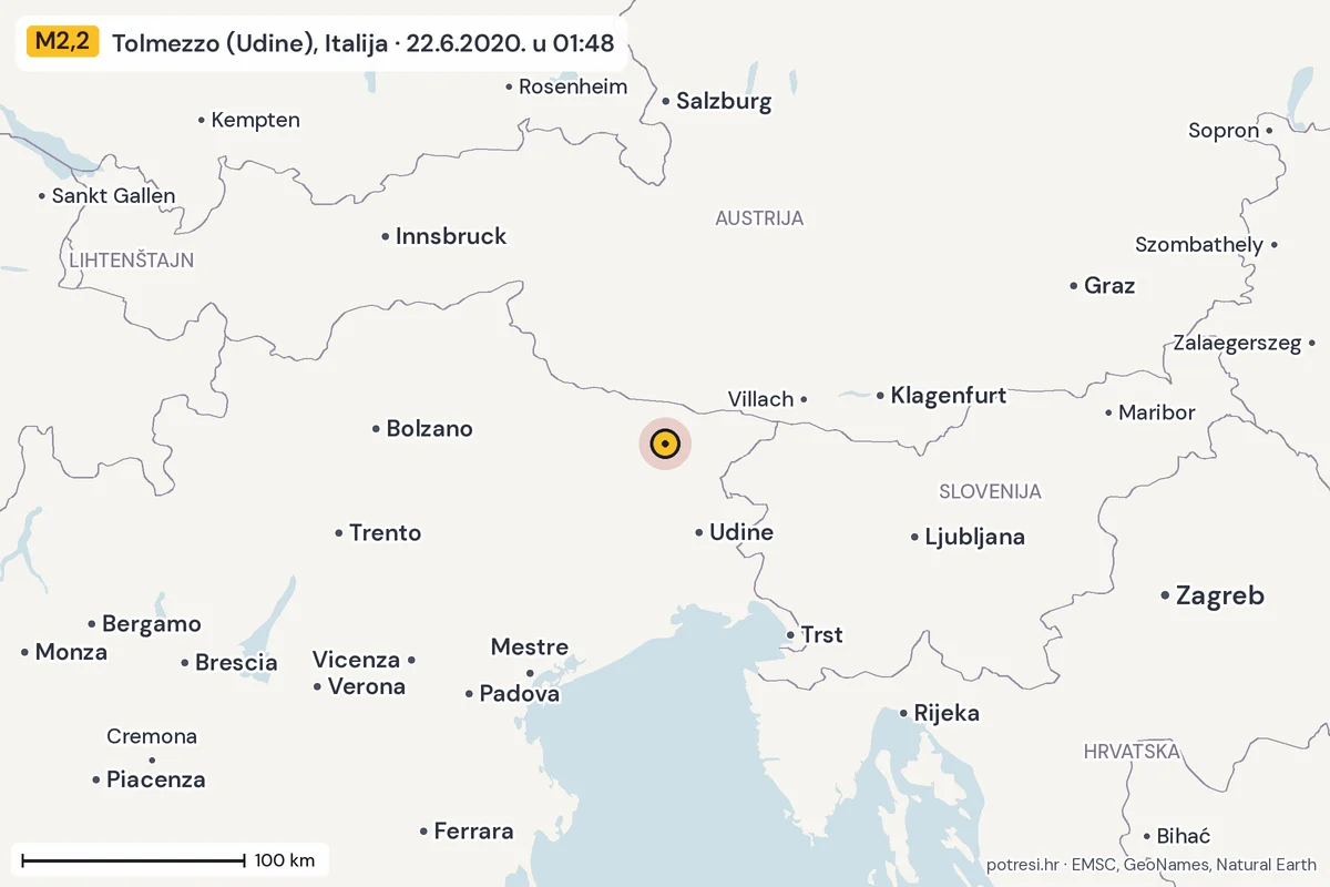 Karta: šire područje, 600 km, potres M2,2, Tolmezzo (Udine), Italija, 22.6.2020.