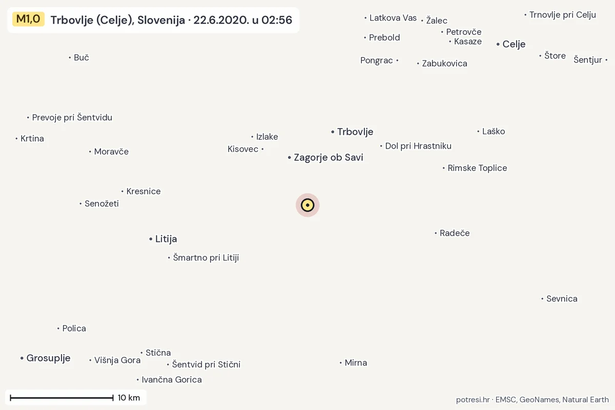 Karta: okolica epicentra, 60 km, potres M1,0, Trbovlje (Celje), Slovenija, 22.6.2020.