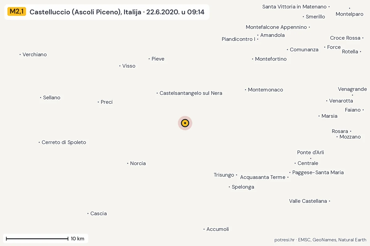 Karta: okolica epicentra, 60 km, potres M2,1, Castelluccio (Ascoli Piceno), Italija, 22.6.2020.