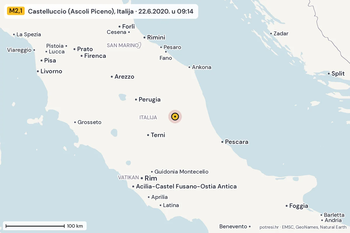 Karta: šire područje, 600 km, potres M2,1, Castelluccio (Ascoli Piceno), Italija, 22.6.2020.