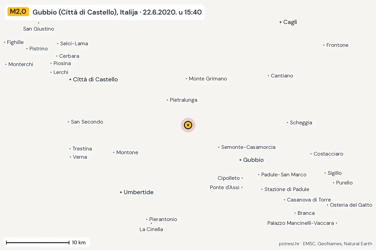Karta: okolica epicentra, 60 km, potres M2,0, Gubbio (Città di Castello), Italija, 22.6.2020.