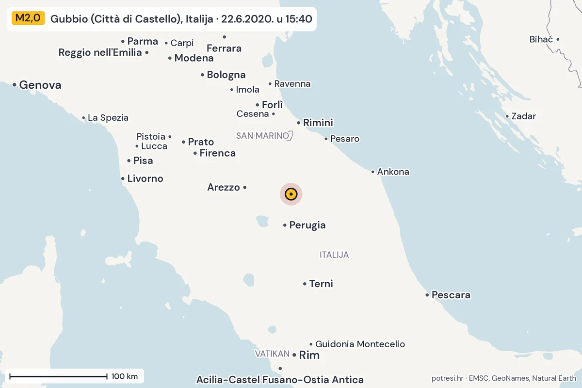 Karta: šire područje, 600 km, potres M2,0, Gubbio (Città di Castello), Italija, 22.6.2020.
