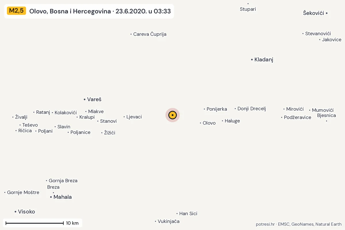 Karta: okolica epicentra, 60 km, potres M2,5, Olovo, Bosna i Hercegovina, 23.6.2020.