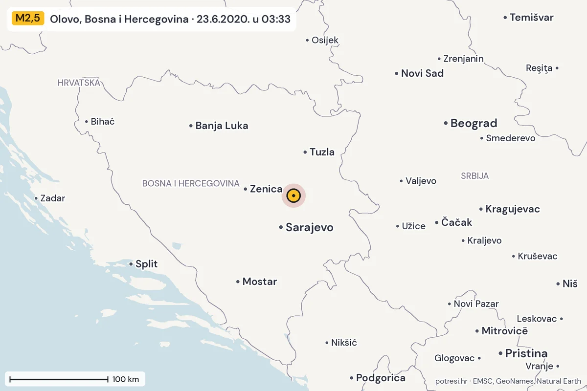 Karta: šire područje, 600 km, potres M2,5, Olovo, Bosna i Hercegovina, 23.6.2020.