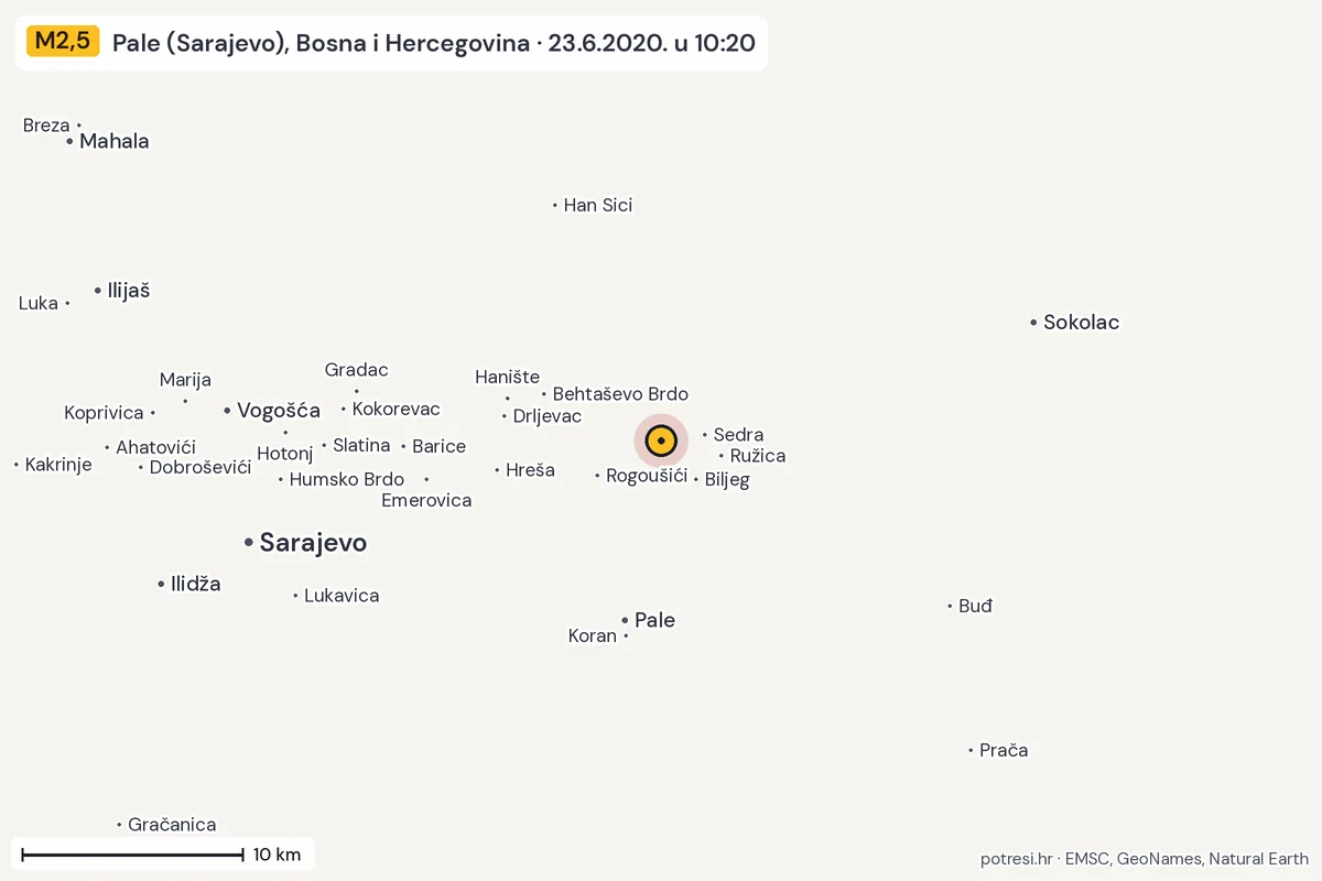 Karta: okolica epicentra, 60 km, potres M2,5, Pale (Sarajevo), Bosna i Hercegovina, 23.6.2020.