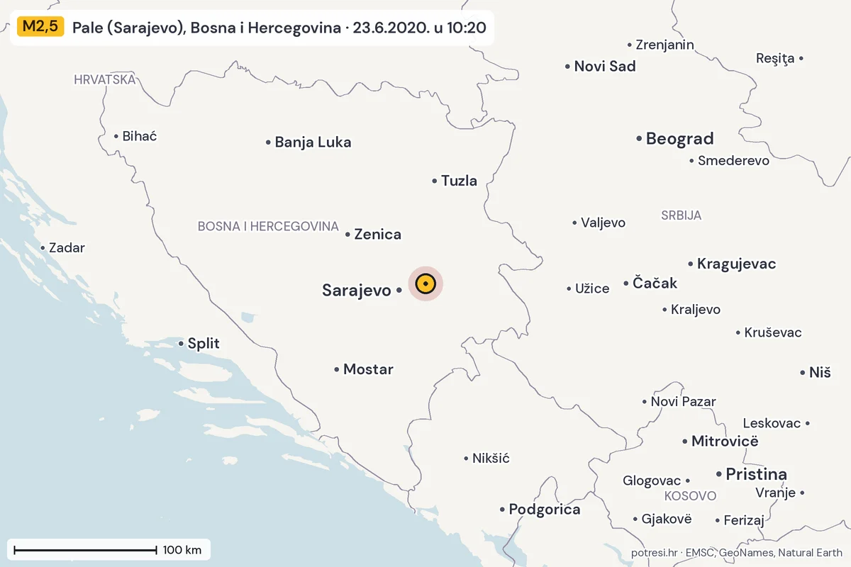 Karta: šire područje, 600 km, potres M2,5, Pale (Sarajevo), Bosna i Hercegovina, 23.6.2020.