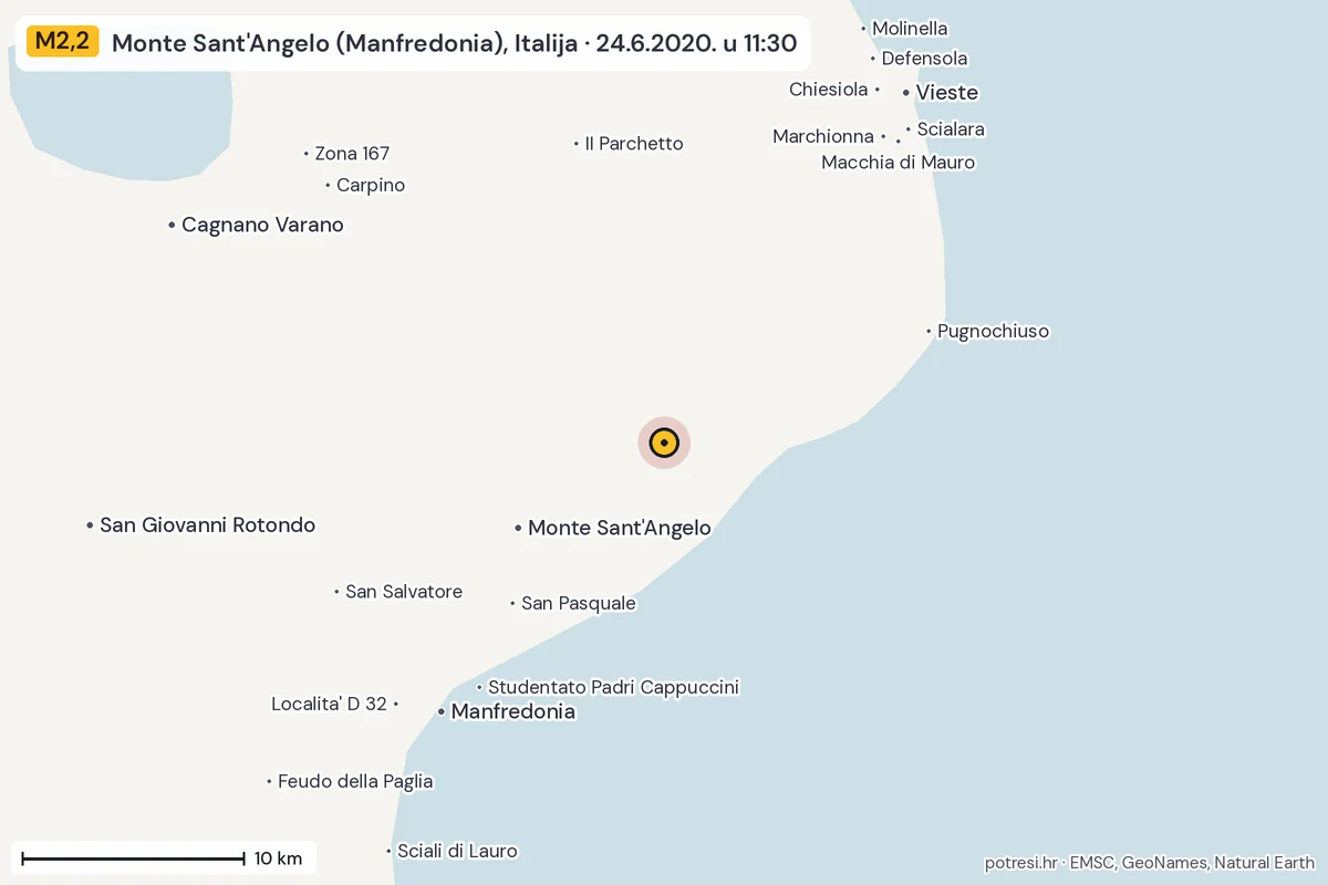 Karta: okolica epicentra, 60 km, potres M2,2, Monte Sant'Angelo (Manfredonia), Italija, 24.6.2020.
