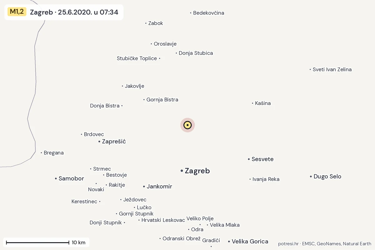 Karta: okolica epicentra, 60 km, potres M1,2, Zagreb, 25.6.2020.