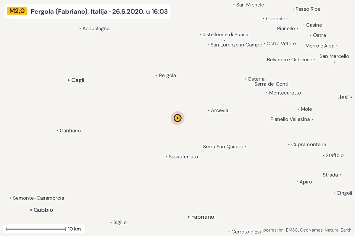 Karta: okolica epicentra, 60 km, potres M2,0, Pergola (Fabriano), Italija, 26.6.2020.