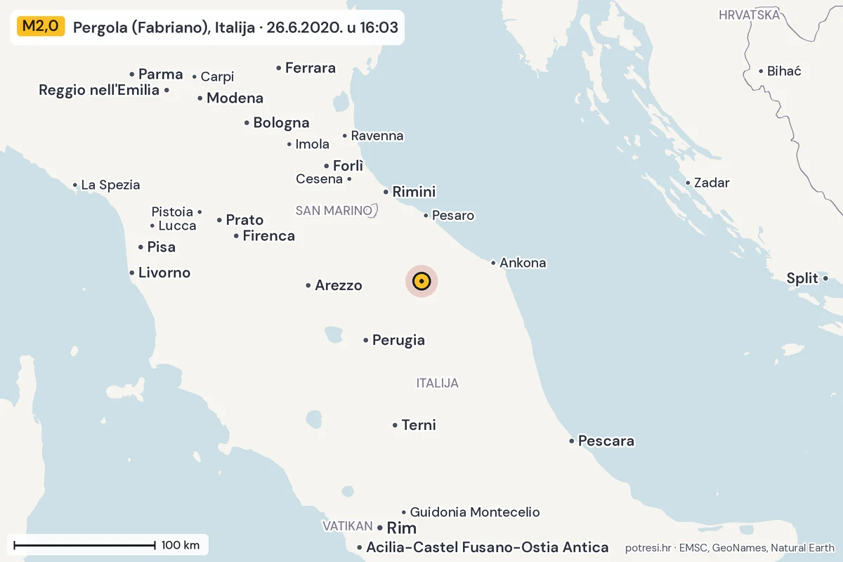 Karta: šire područje, 600 km, potres M2,0, Pergola (Fabriano), Italija, 26.6.2020.
