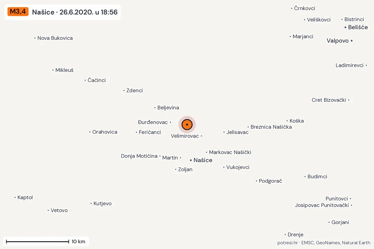Karta: okolica epicentra, 60 km, potres M3,4, Našice, 26.6.2020.