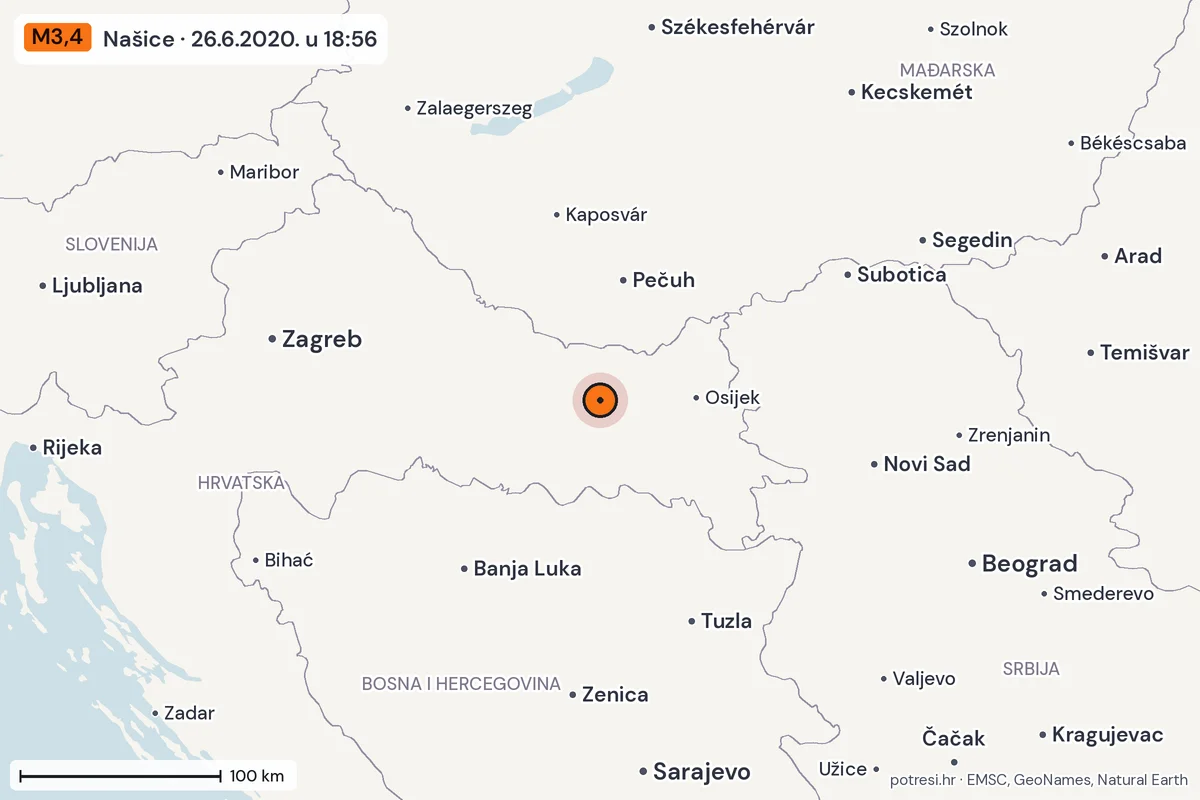 Karta: šire područje, 600 km, potres M3,4, Našice, 26.6.2020.