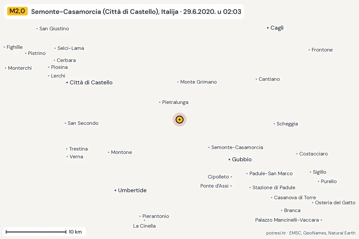 Karta: okolica epicentra, 60 km, potres M2,0, Semonte-Casamorcia (Città di Castello), Italija, 29.6.2020.