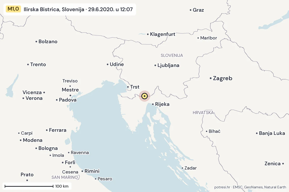 Karta: šire područje, 600 km, potres M1,0, Ilirska Bistrica, Slovenija, 29.6.2020.