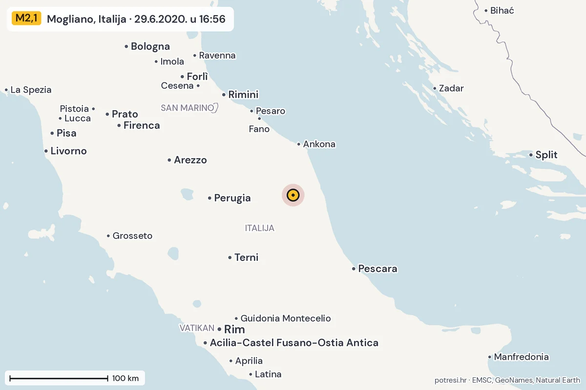 Karta: šire područje, 600 km, potres M2,1, Mogliano, Italija, 29.6.2020.