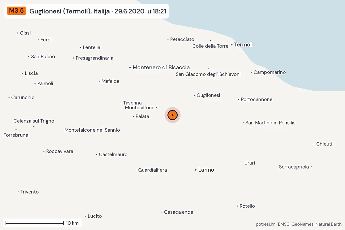 Karta: okolica epicentra, 60 km, potres M3,5, Guglionesi (Termoli), Italija, 29.6.2020.