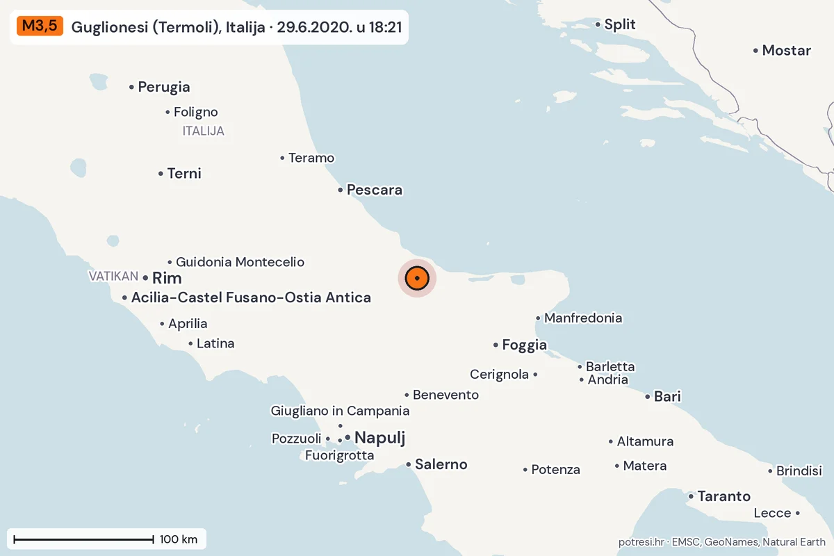 Karta: šire područje, 600 km, potres M3,5, Guglionesi (Termoli), Italija, 29.6.2020.
