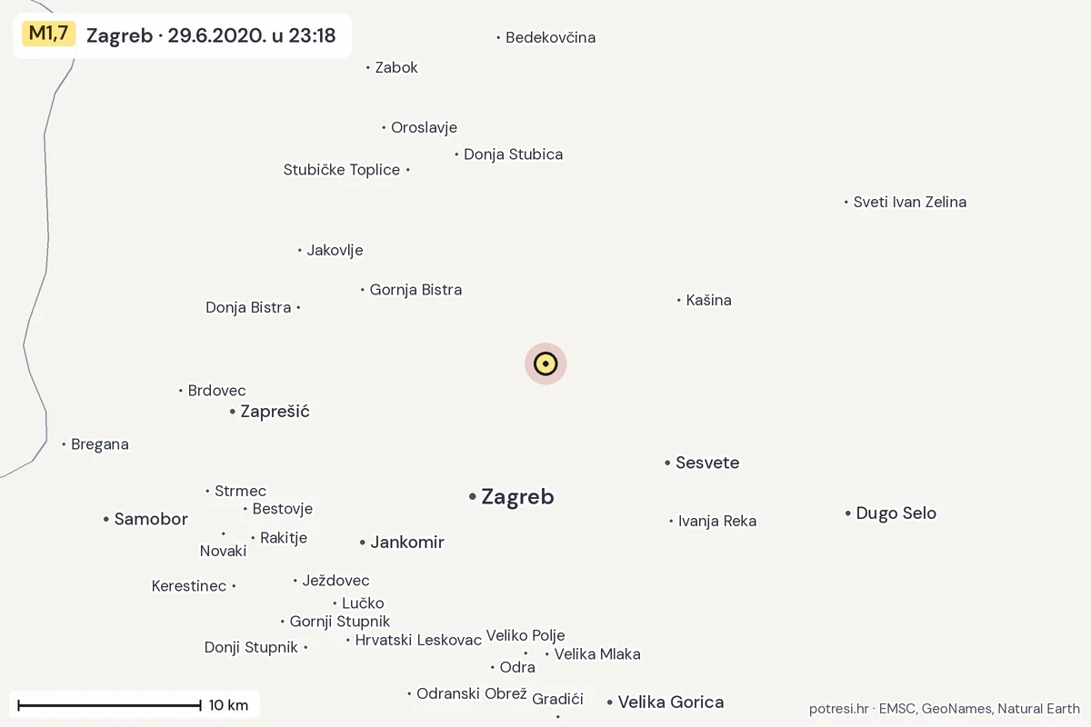 Karta: okolica epicentra, 60 km, potres M1,7, Zagreb, 29.6.2020.