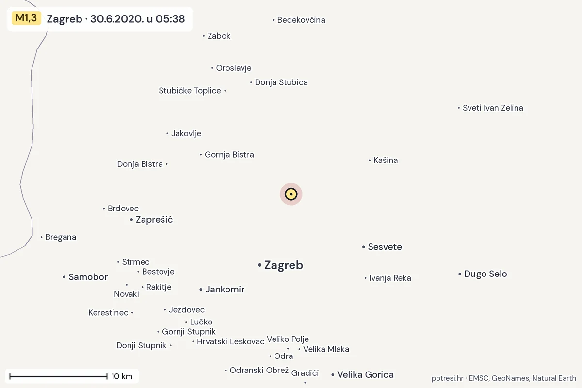 Karta: okolica epicentra, 60 km, potres M1,3, Zagreb, 30.6.2020.