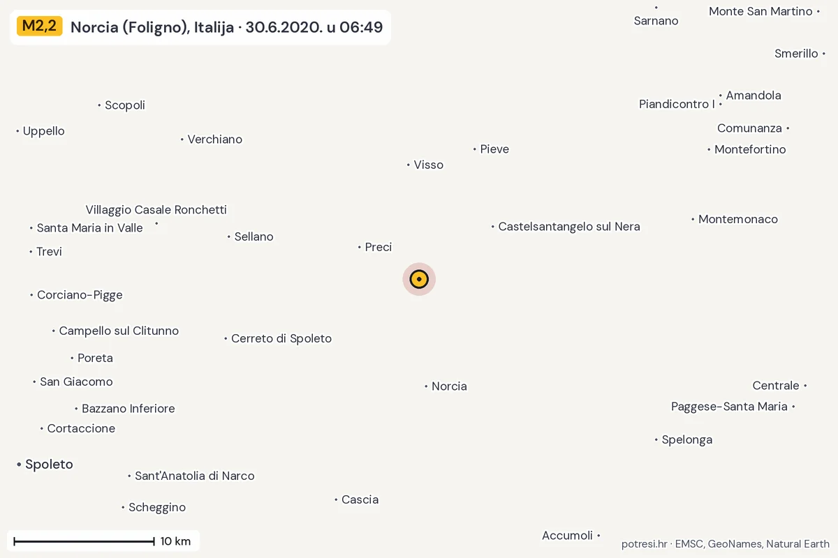 Karta: okolica epicentra, 60 km, potres M2,2, Norcia (Foligno), Italija, 30.6.2020.