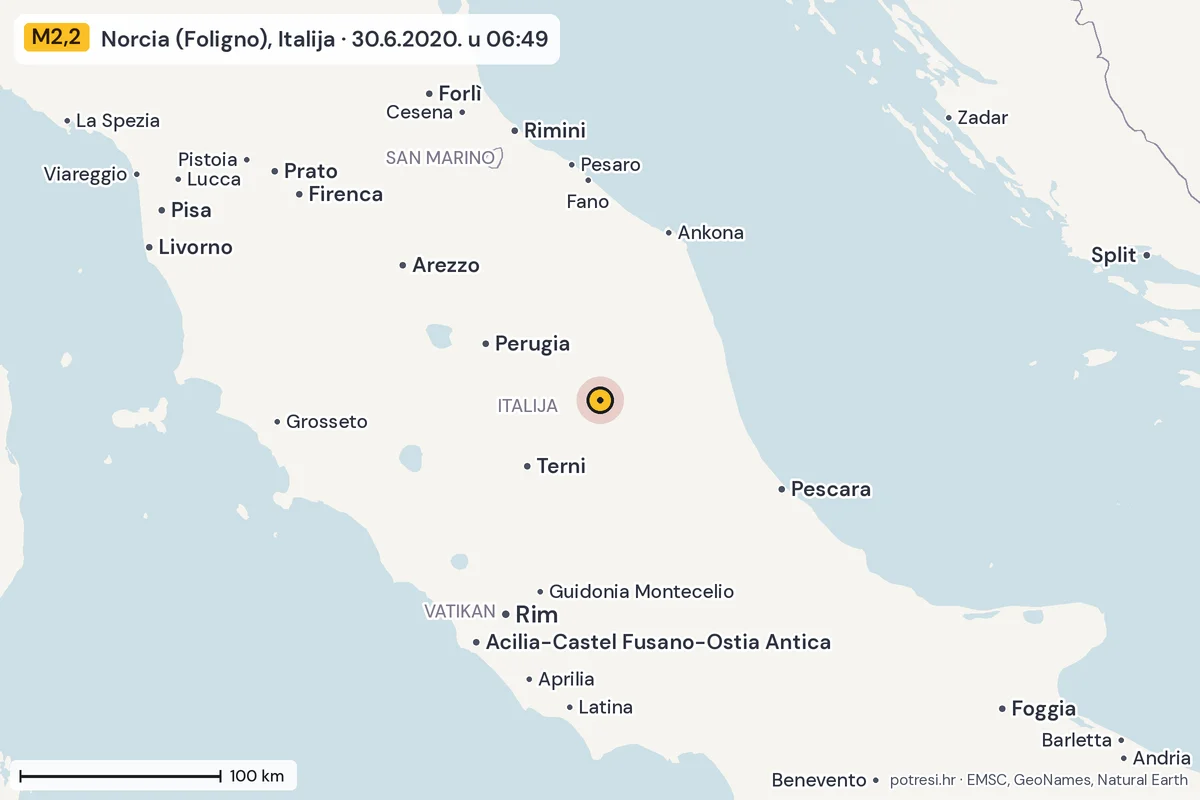 Karta: šire područje, 600 km, potres M2,2, Norcia (Foligno), Italija, 30.6.2020.