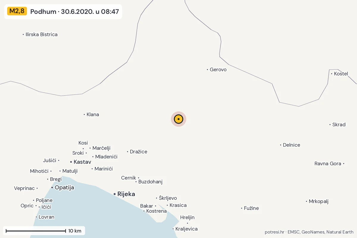 Karta: okolica epicentra, 60 km, potres M2,8, Podhum, 30.6.2020.