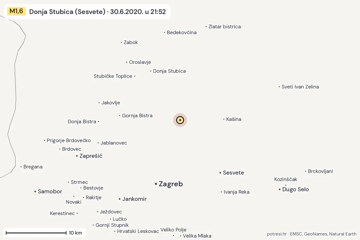 Karta: okolica epicentra, 60 km, potres M1,6, Donja Stubica (Sesvete), 30.6.2020.
