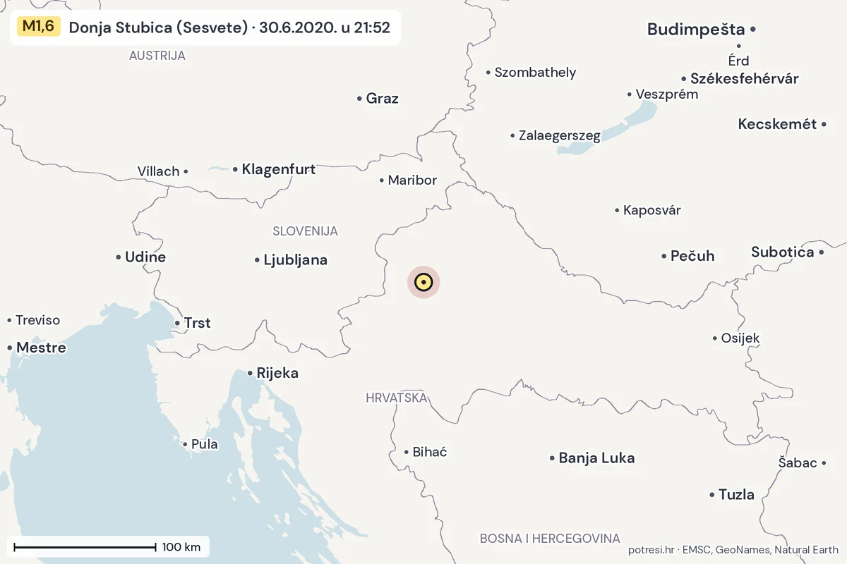 Karta: šire područje, 600 km, potres M1,6, Donja Stubica (Sesvete), 30.6.2020.