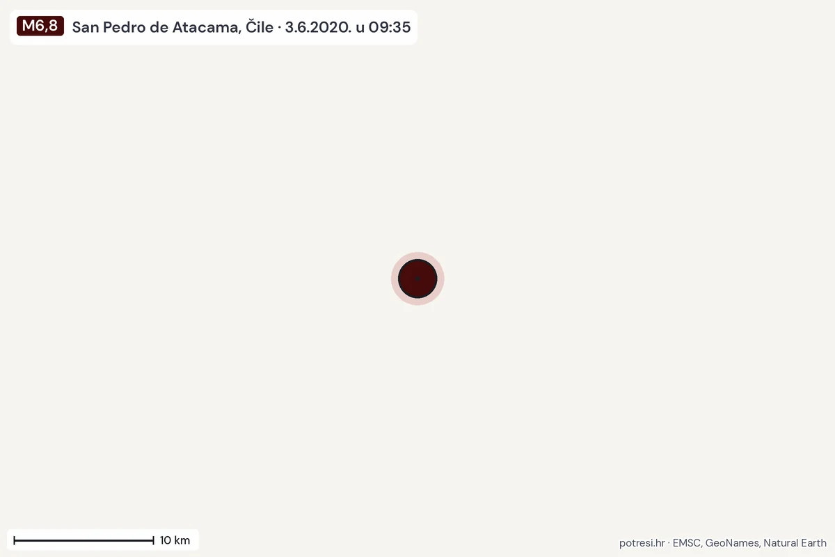 Karta: okolica epicentra, 60 km, potres M6,8, San Pedro de Atacama, Čile, 3.6.2020.