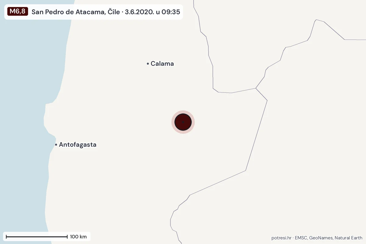 Karta: šire područje, 600 km, potres M6,8, San Pedro de Atacama, Čile, 3.6.2020.