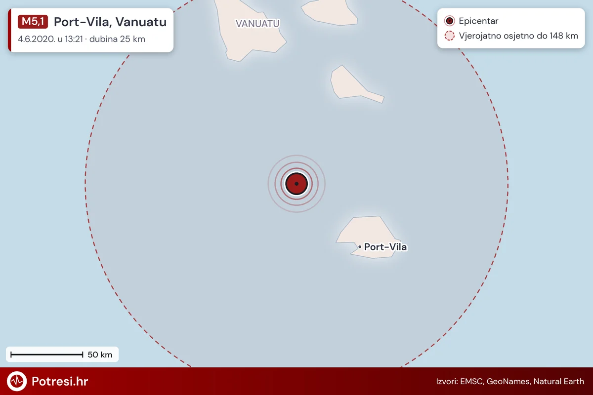 Karta: šire područje i vjerojatni doseg osjeta, potres M5,1, Port-Vila, Vanuatu, 4.6.2020.