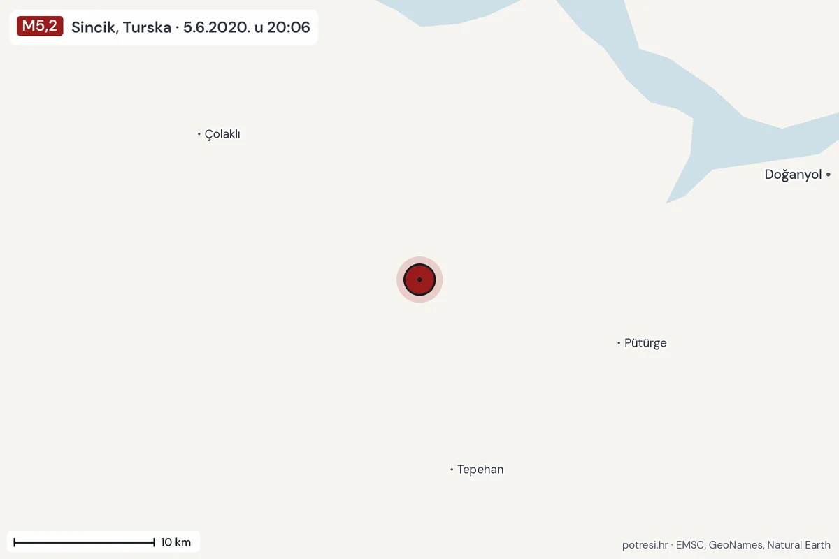 Karta: okolica epicentra, 60 km, potres M5,2, Sincik, Turska, 5.6.2020.