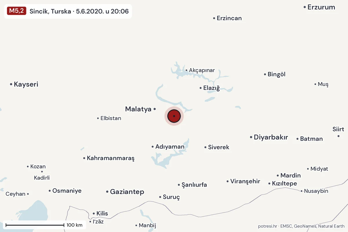 Karta: šire područje, 600 km, potres M5,2, Sincik, Turska, 5.6.2020.