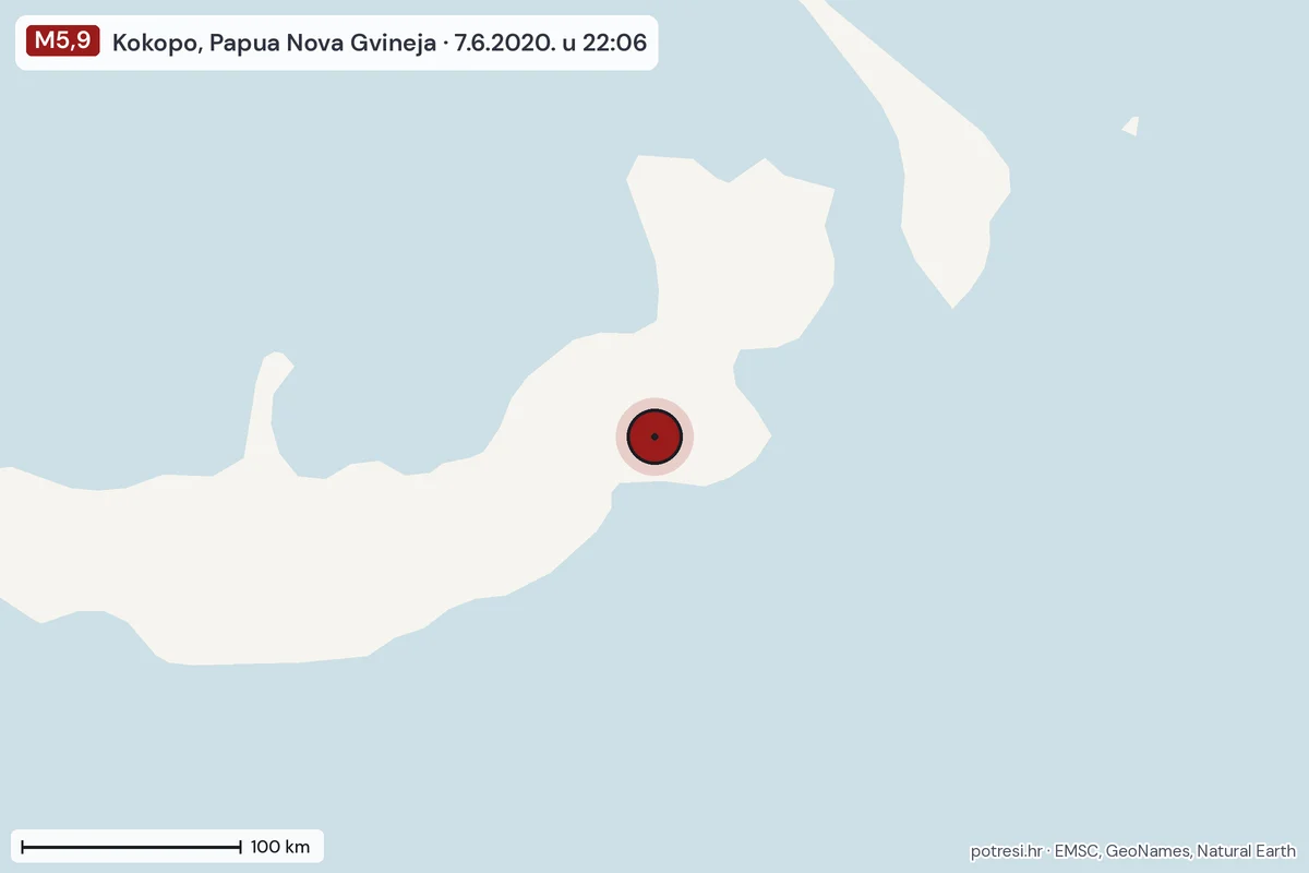 Karta: šire područje, 600 km, potres M5,9, Kokopo, Papua Nova Gvineja, 7.6.2020.