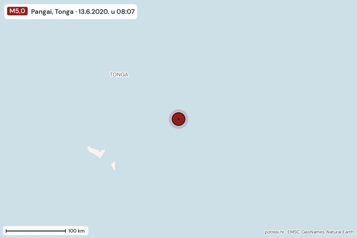 Karta: šire područje, 600 km, potres M5,0, Pangai, Tonga, 13.6.2020.