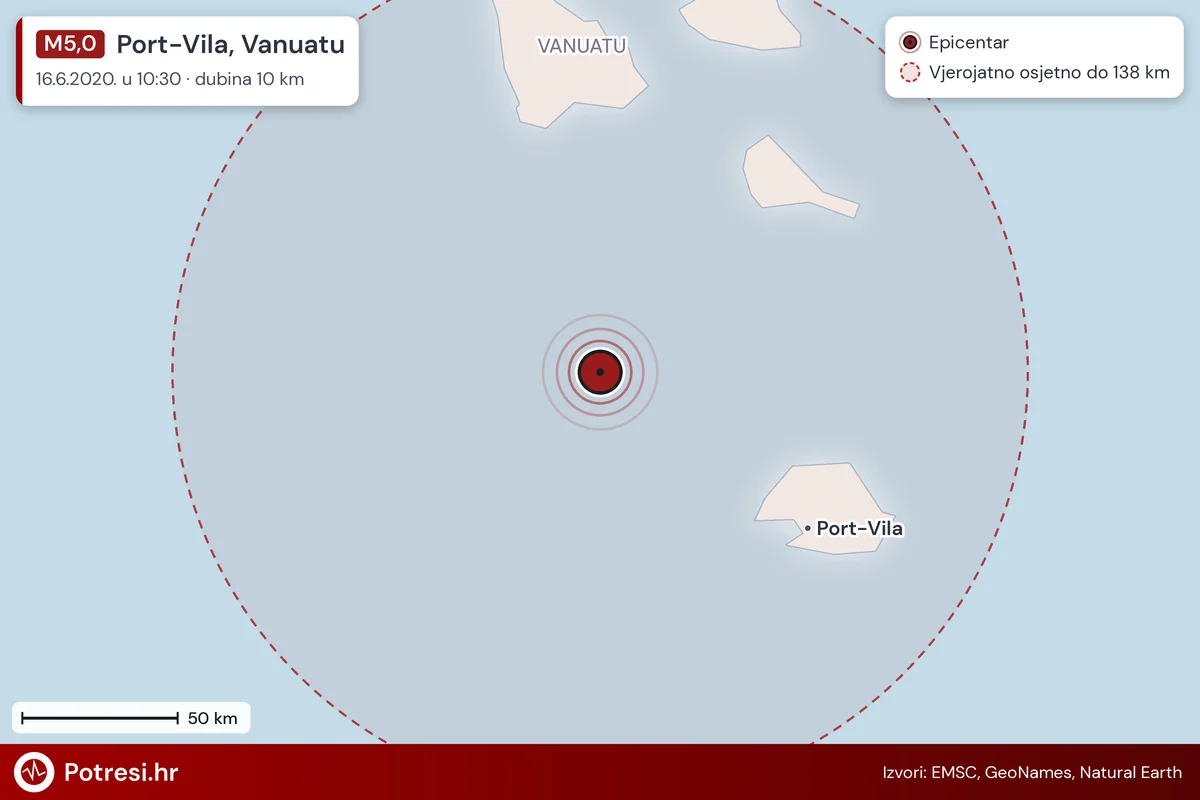 Karta: šire područje i vjerojatni doseg osjeta, potres M5,0, Port-Vila, Vanuatu, 16.6.2020.