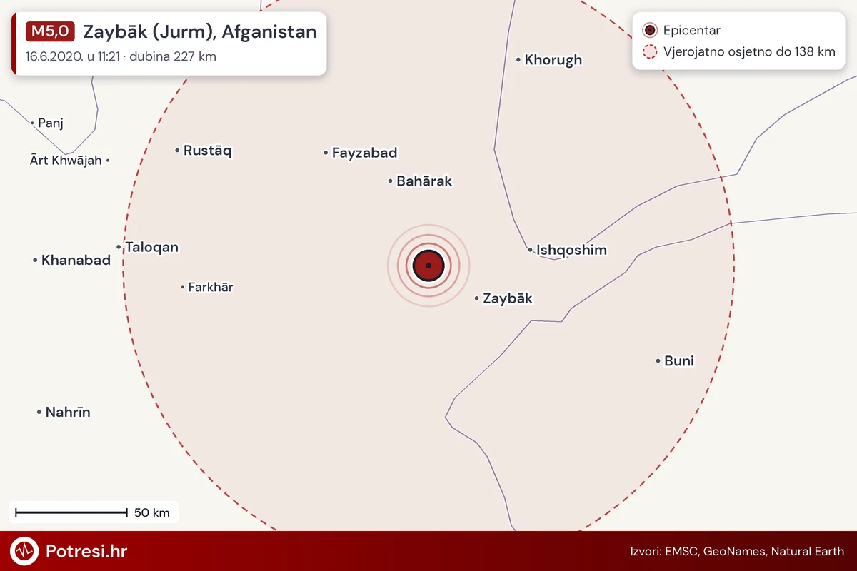Karta: šire područje i vjerojatni doseg osjeta, potres M5,0, Zaybāk (Jurm), Afganistan, 16.6.2020.