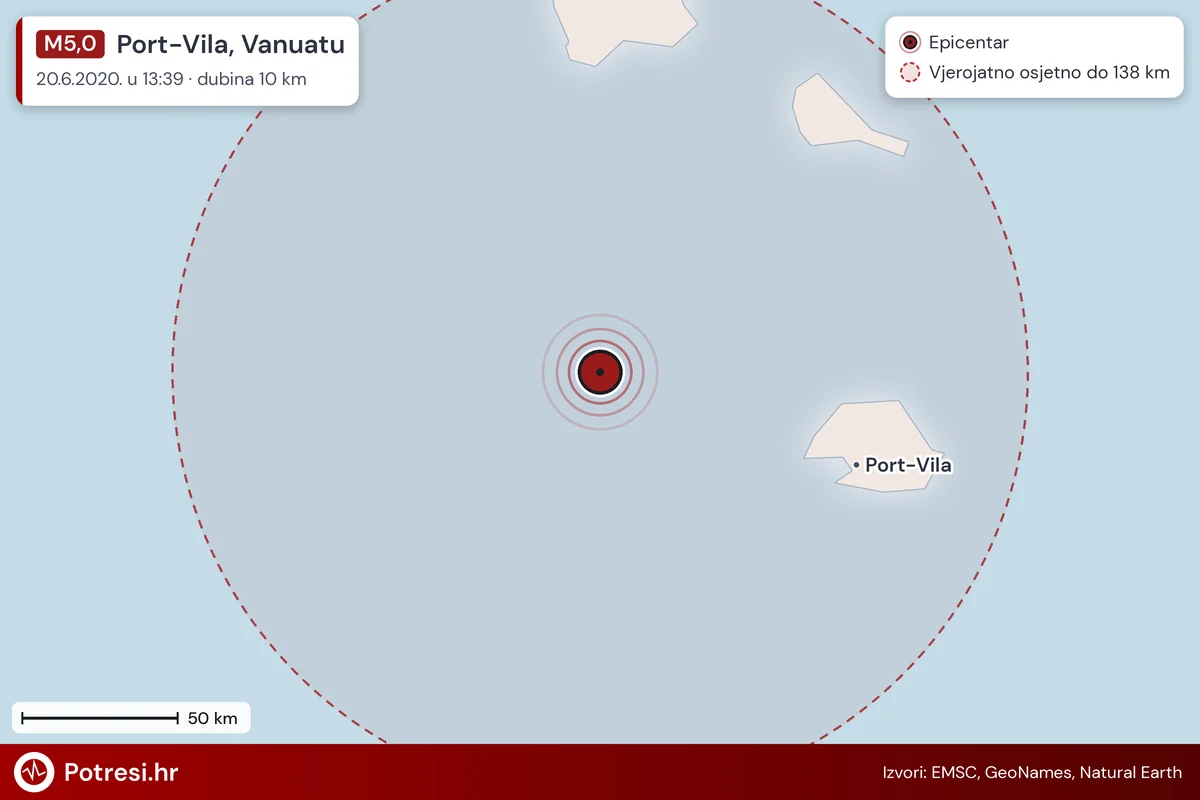Karta: šire područje i vjerojatni doseg osjeta, potres M5,0, Port-Vila, Vanuatu, 20.6.2020.