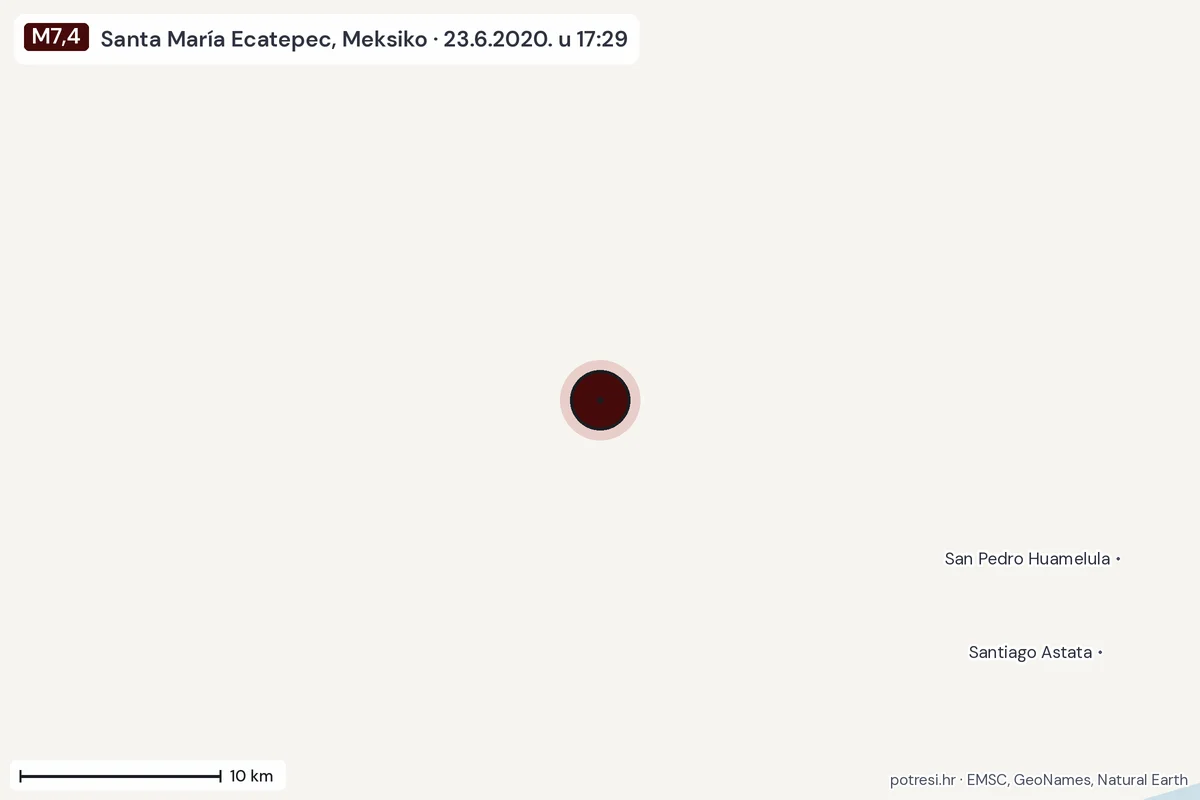 Karta: okolica epicentra, 60 km, potres M7,4, Santa María Ecatepec, Meksiko, 23.6.2020.