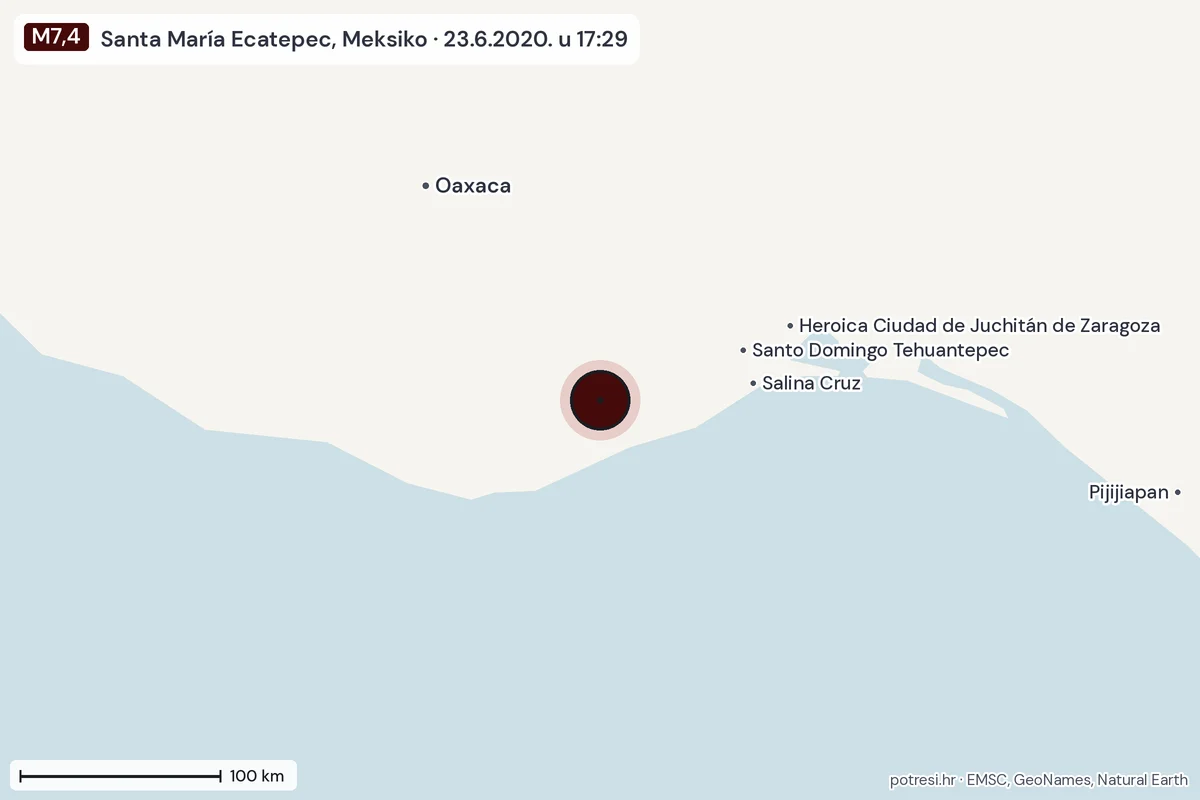 Karta: šire područje, 600 km, potres M7,4, Santa María Ecatepec, Meksiko, 23.6.2020.