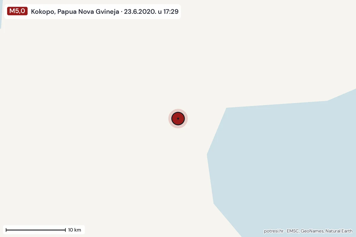 Karta: okolica epicentra, 60 km, potres M5,0, Kokopo, Papua Nova Gvineja, 23.6.2020.