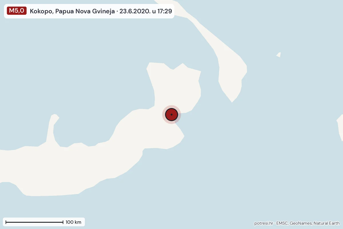 Karta: šire područje, 600 km, potres M5,0, Kokopo, Papua Nova Gvineja, 23.6.2020.