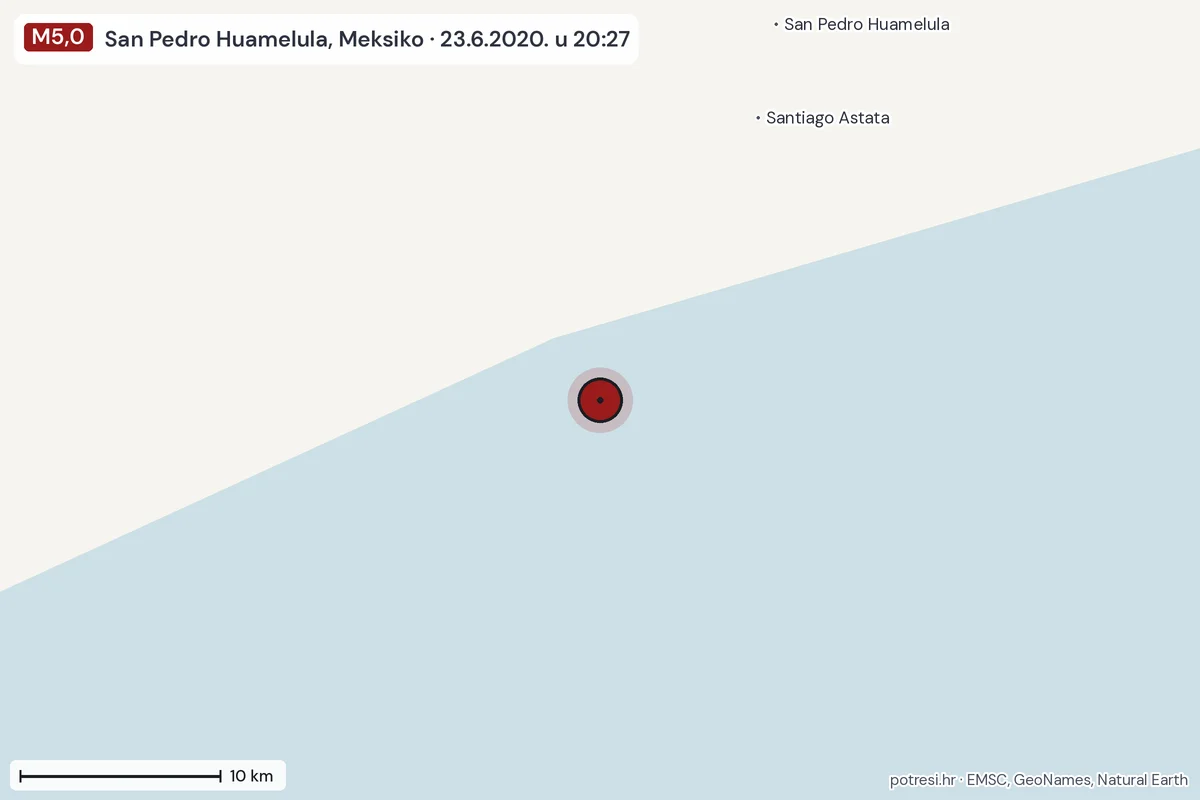 Karta: okolica epicentra, 60 km, potres M5,0, San Pedro Huamelula, Meksiko, 23.6.2020.