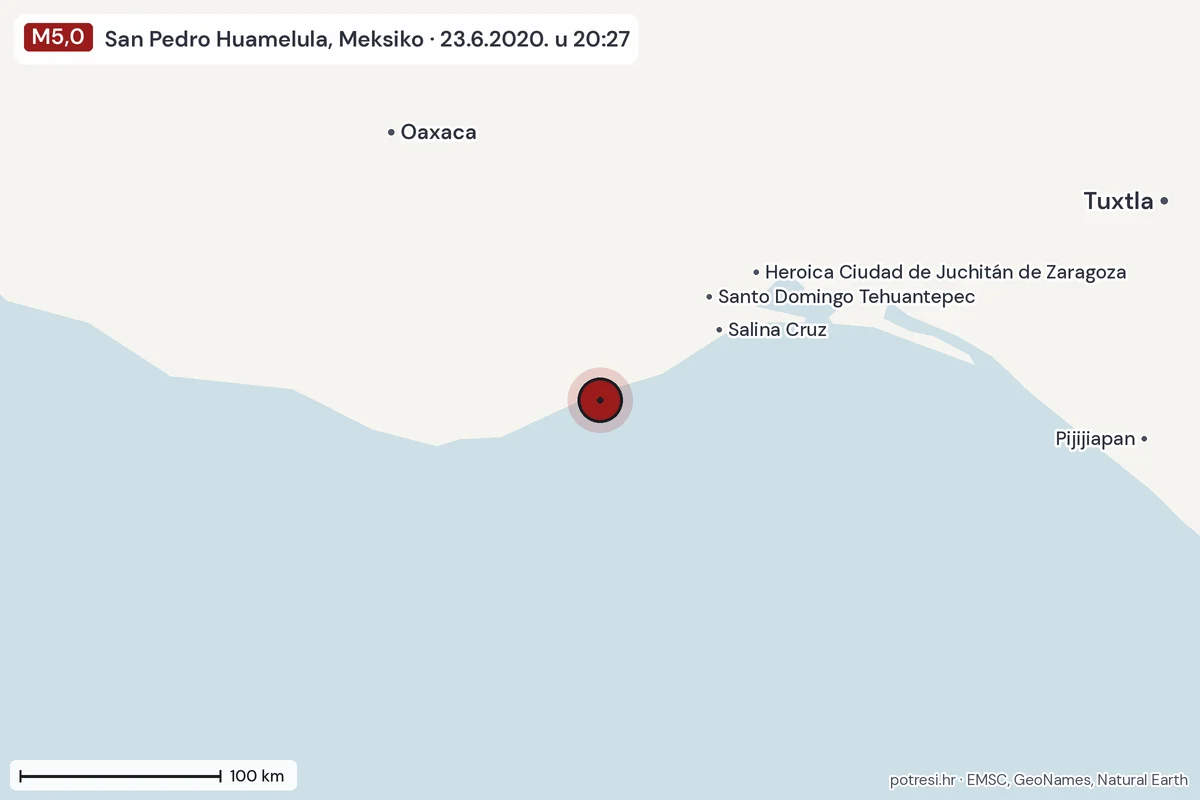 Karta: šire područje, 600 km, potres M5,0, San Pedro Huamelula, Meksiko, 23.6.2020.