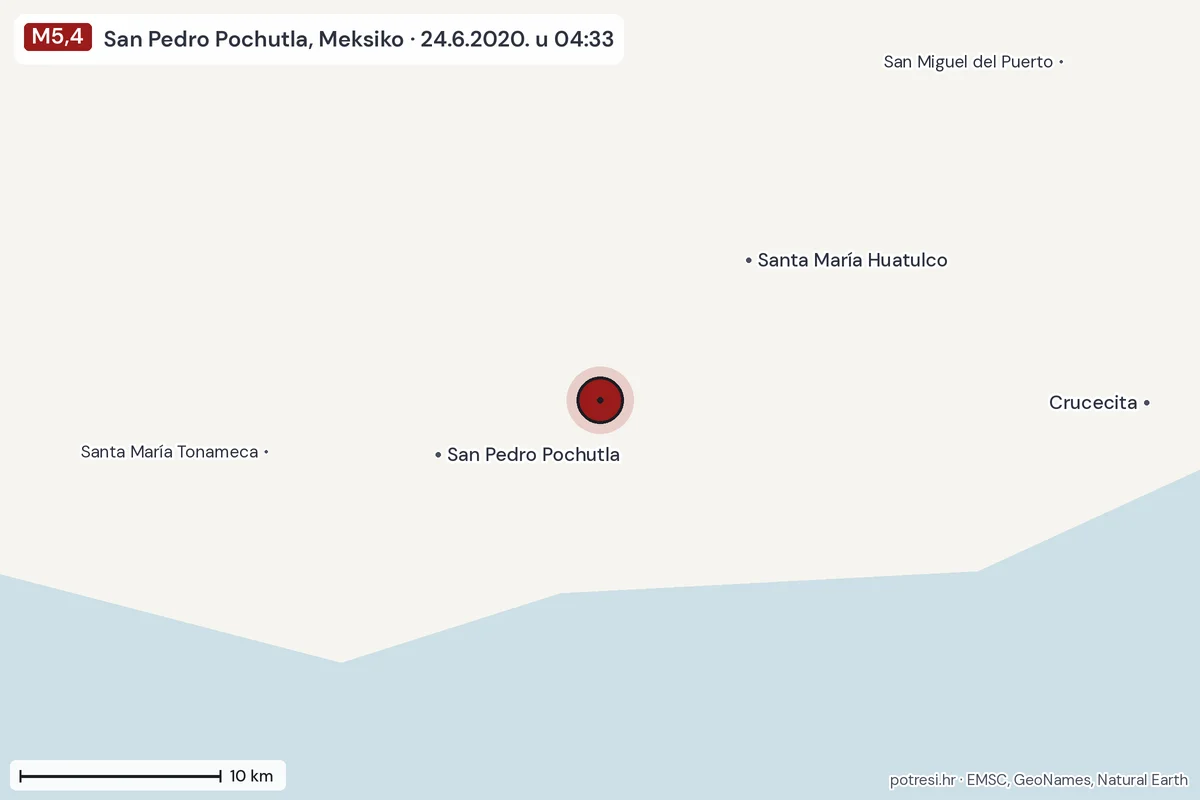 Karta: okolica epicentra, 60 km, potres M5,4, San Pedro Pochutla, Meksiko, 24.6.2020.