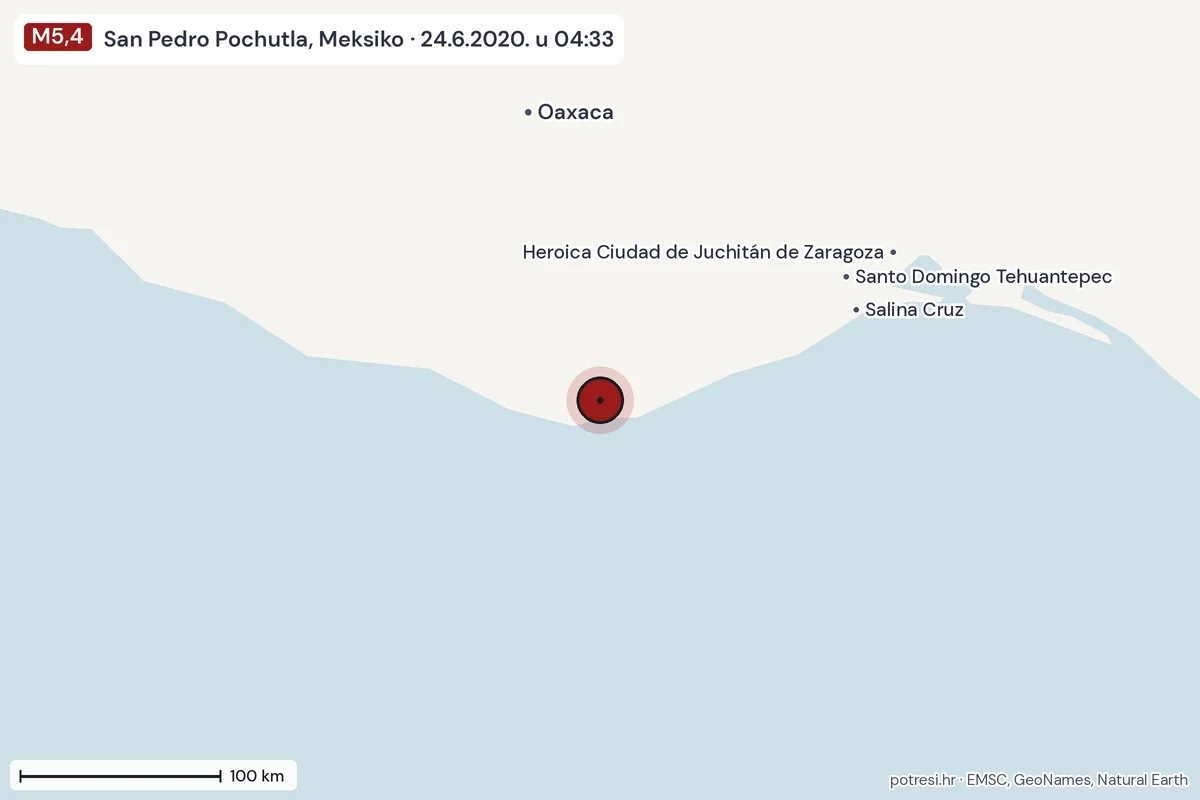 Karta: šire područje, 600 km, potres M5,4, San Pedro Pochutla, Meksiko, 24.6.2020.