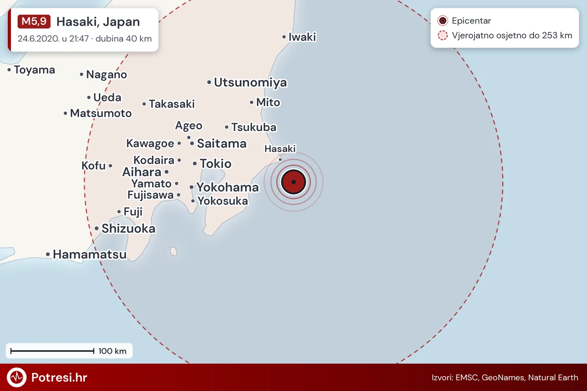 Karta: šire područje i vjerojatni doseg osjeta, potres M5,9, Hasaki, Japan, 24.6.2020.