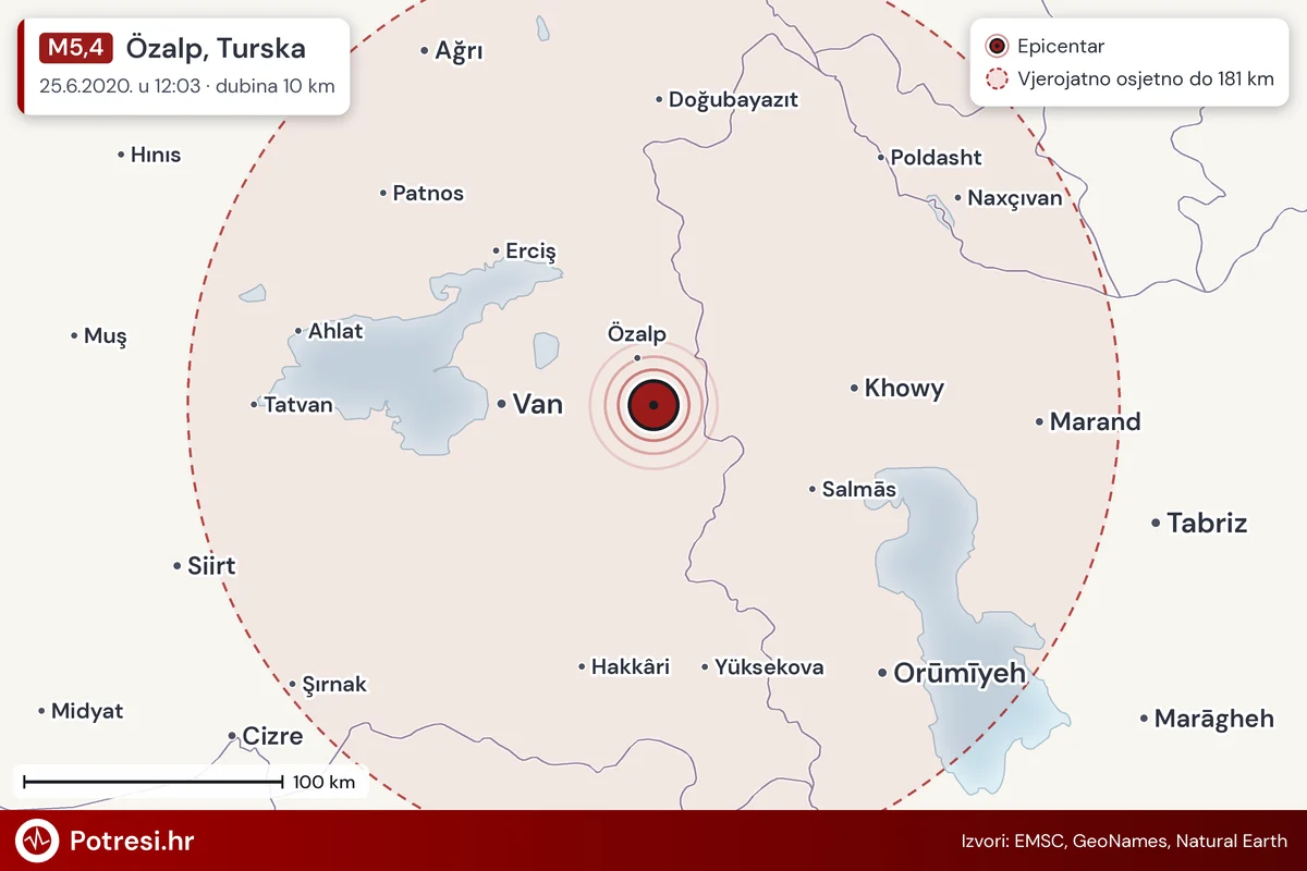 Karta: šire područje i vjerojatni doseg osjeta, potres M5,4, Özalp, Turska, 25.6.2020.